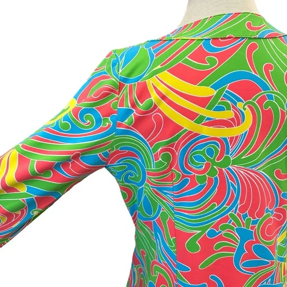 KATHERINE WAY BOLD MOD LONG SLEEVE SUMMER DRESS BOLD COLORFUL PRINT 1960s 1970s - Picture 6 of 13